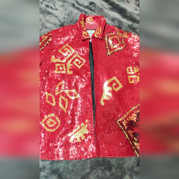 Chicos Red Sequin Open Jacket Holiday Unisex Size 1 - Picture 2 of 16